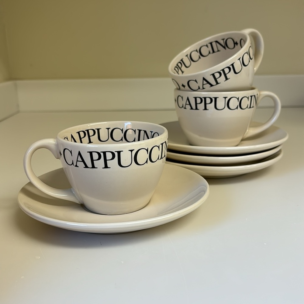 Roshco Cappuccino Espresso Coffee Set 3 cups & 4 saucers Bold Printed CAPPUCCINO